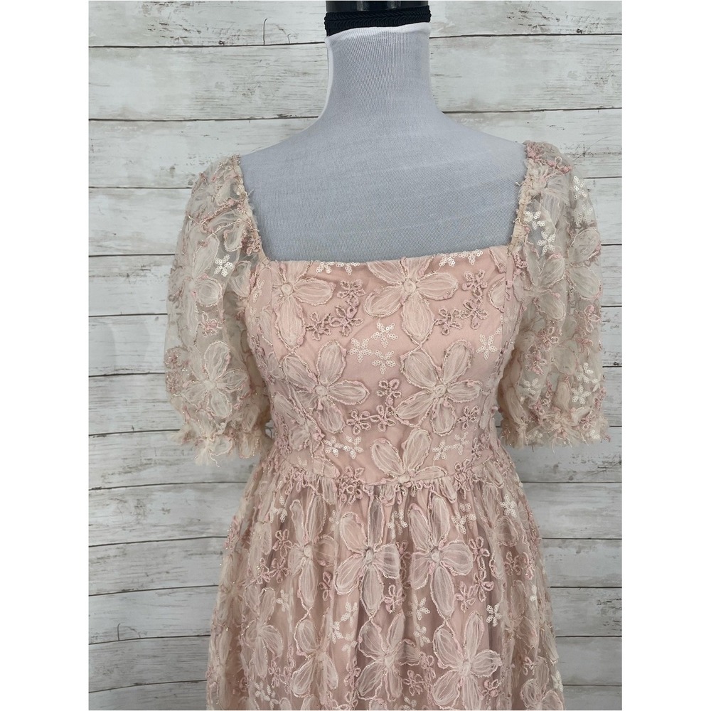 In February Blush Floral Embroidered Midi Dress Puff Sleeve Size Small Fairycore - Picture 2 of 10